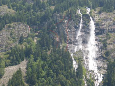 itinéraire des deux vias ferrata de la cascade de Vaujany