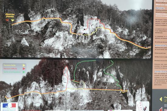 le panneau explicatif de la via ferrata avec les deux parcours typiques des vias de Lozère (jaune et rouge)