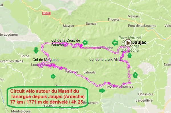 Circuit velo autour du massif du tanargue depuis jaujac