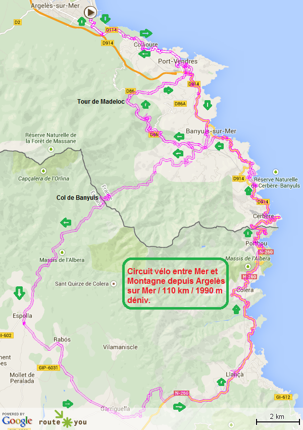 Circuit velo entre mer et montagne depuis argeles sur mer