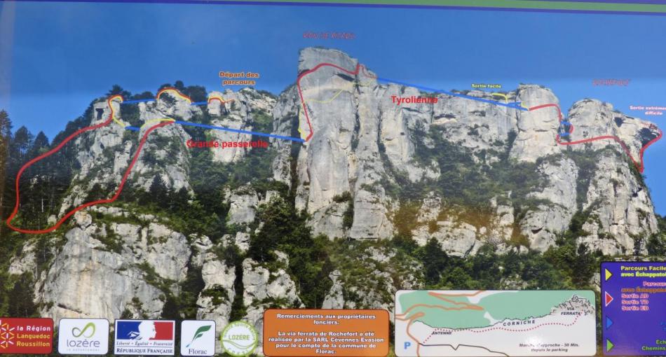 vue d' ensemble des itineraires de la via ferrata (côté Florac)