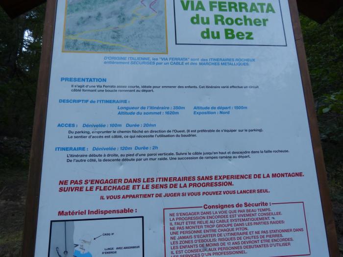 panneau d'information de la via ferrata du rocher du bez (parcours 1)
