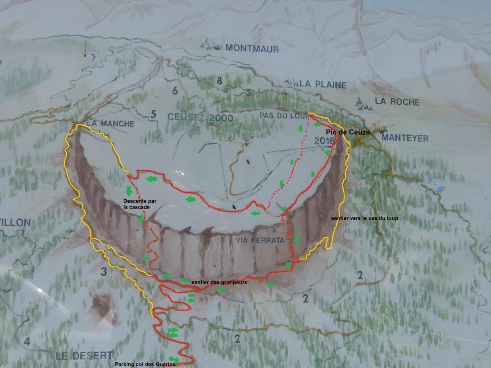 Les itinéraires en circuit possibles empruntant ou non la via ferrata pour gravir le pic de Céüze depuis le col des Guérins