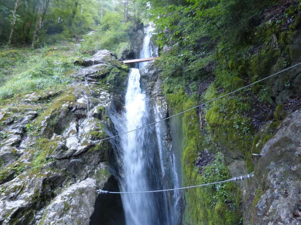 Un premier pont de singe à la via de la cascade des Nants à bellevaux