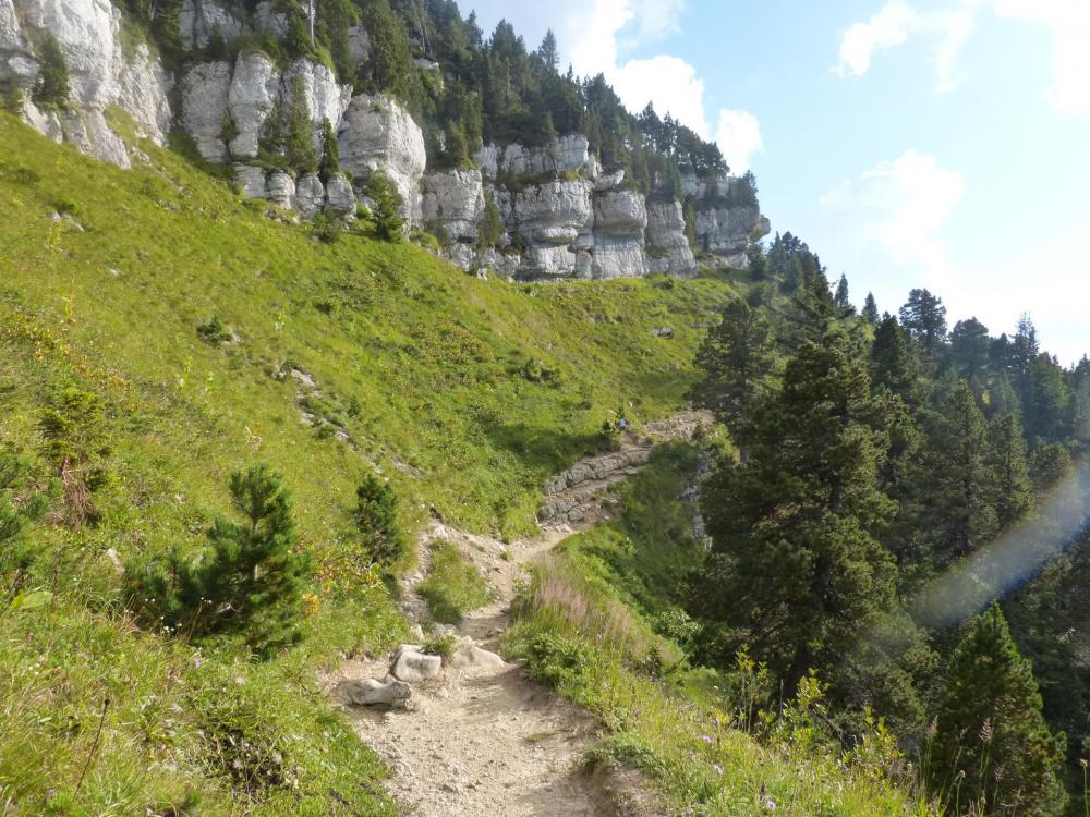 Le sentier court en balcon sous les falaises, juste avant un passage ou ce dernier s'effondre un peu (Pancarte d'avertissement).