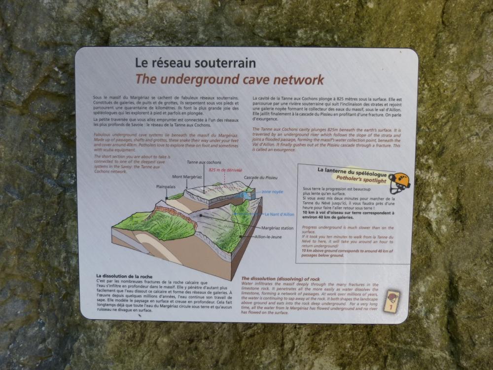panneau d' information dans la traversée souterraine de la tanne du névé à Aillon le Jeune