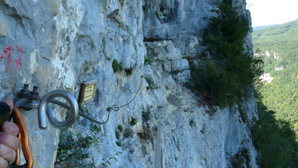 le pas du Lynx (poutre) dans la via ferrata de la Guinguette