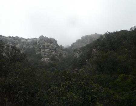 les rochers du Ranc des Banes dans la brume