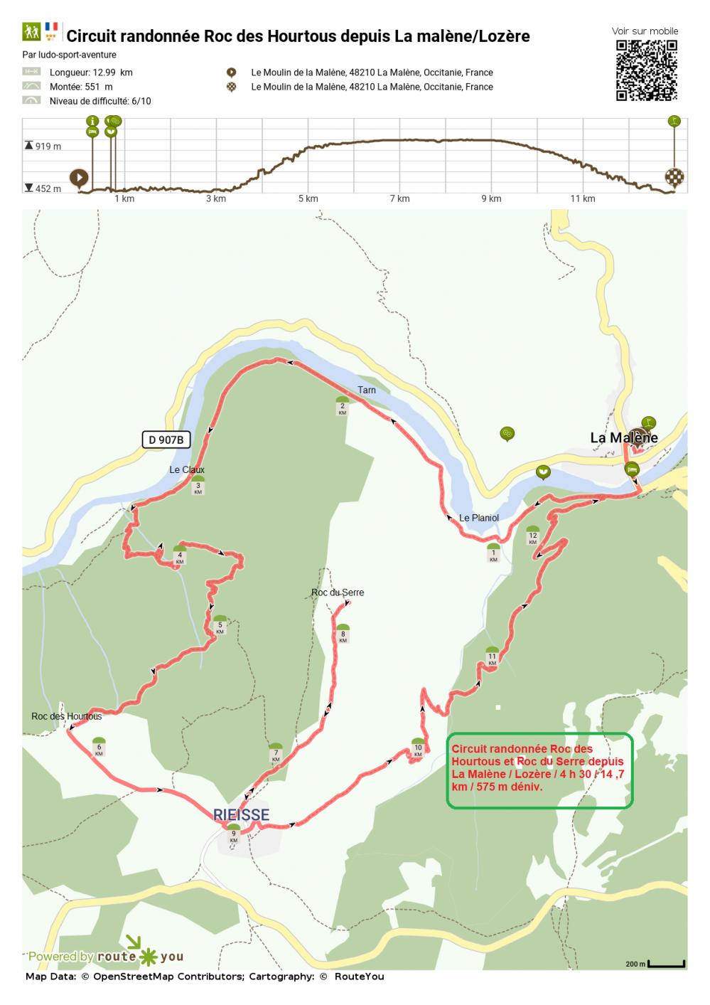 Routeyou circuit randonnee roc des hourtous depuis la malene lozere